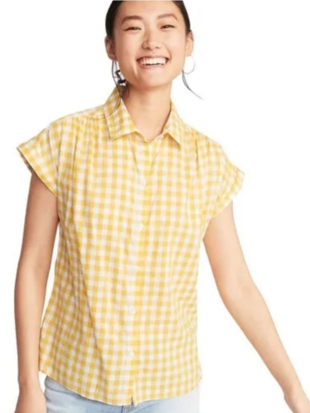 Old Navy Yellow Gingham Plaid Short Sleeve Button-Up Blouse Womens XXL